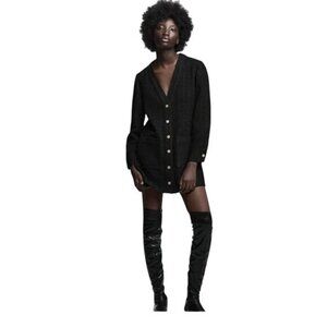 Zara Black Tweed Blazer Dress Jacket Large Long Sleeve Gold Button Mini Chic